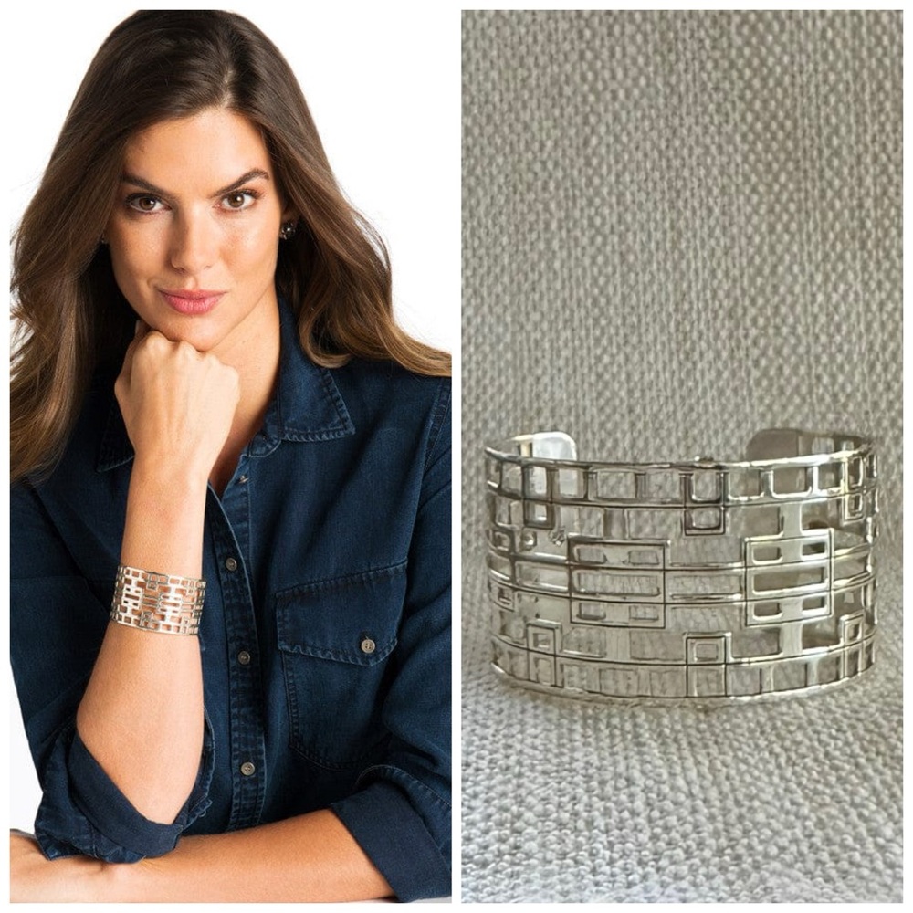 BRIGHTON Christo Lyon Silver Plated Wide Cuff Bracelet • Geo Grid • JF3000